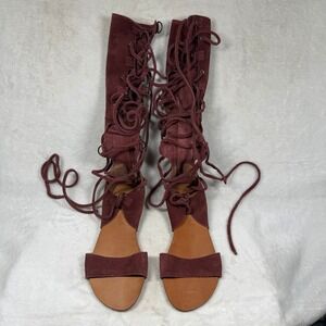 Free People Joe Lace Up Gladiator Sandals Burgundy Suede Tall Flat Size 38